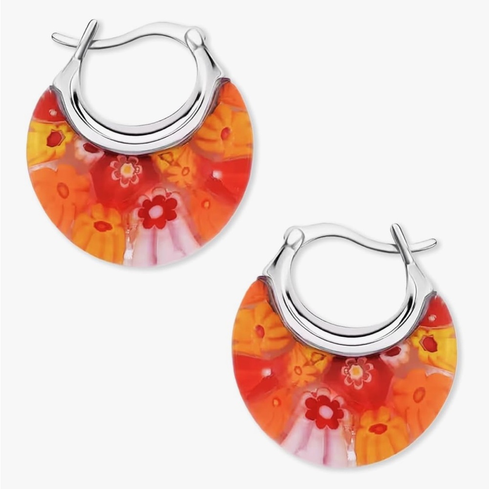 Italian Murano Glass Millefiori Basket Design Hoop Earrings